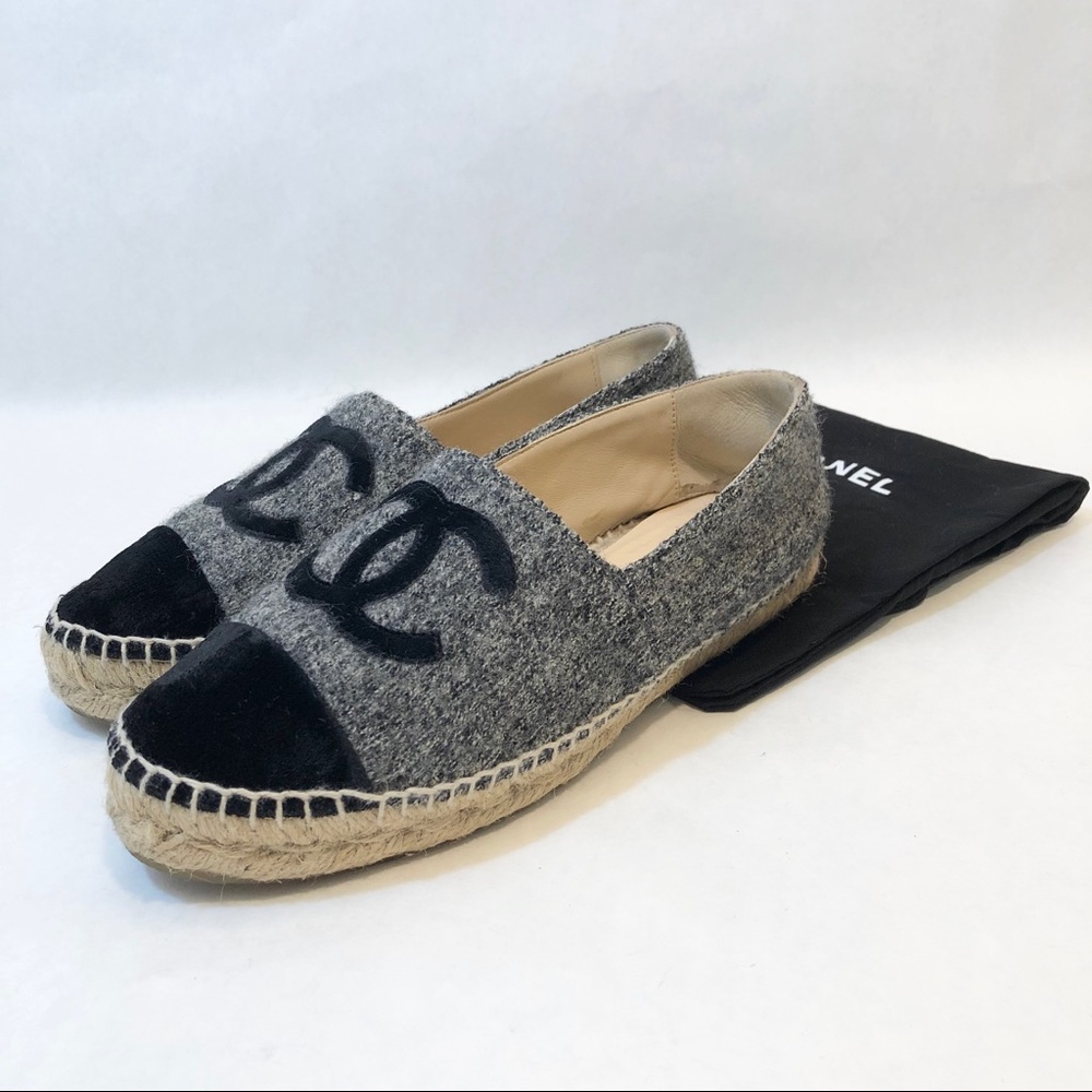 Chanel - Black Velvet and Gray Wool Espadrilles 37